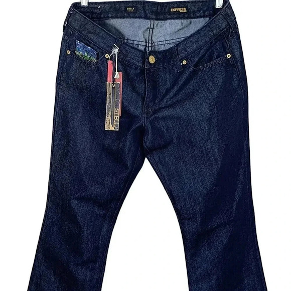 Express New Stella Boot Leg Embellished Denim Blue Waxed Jeans Sequins Size 12 - Picture 2 of 14